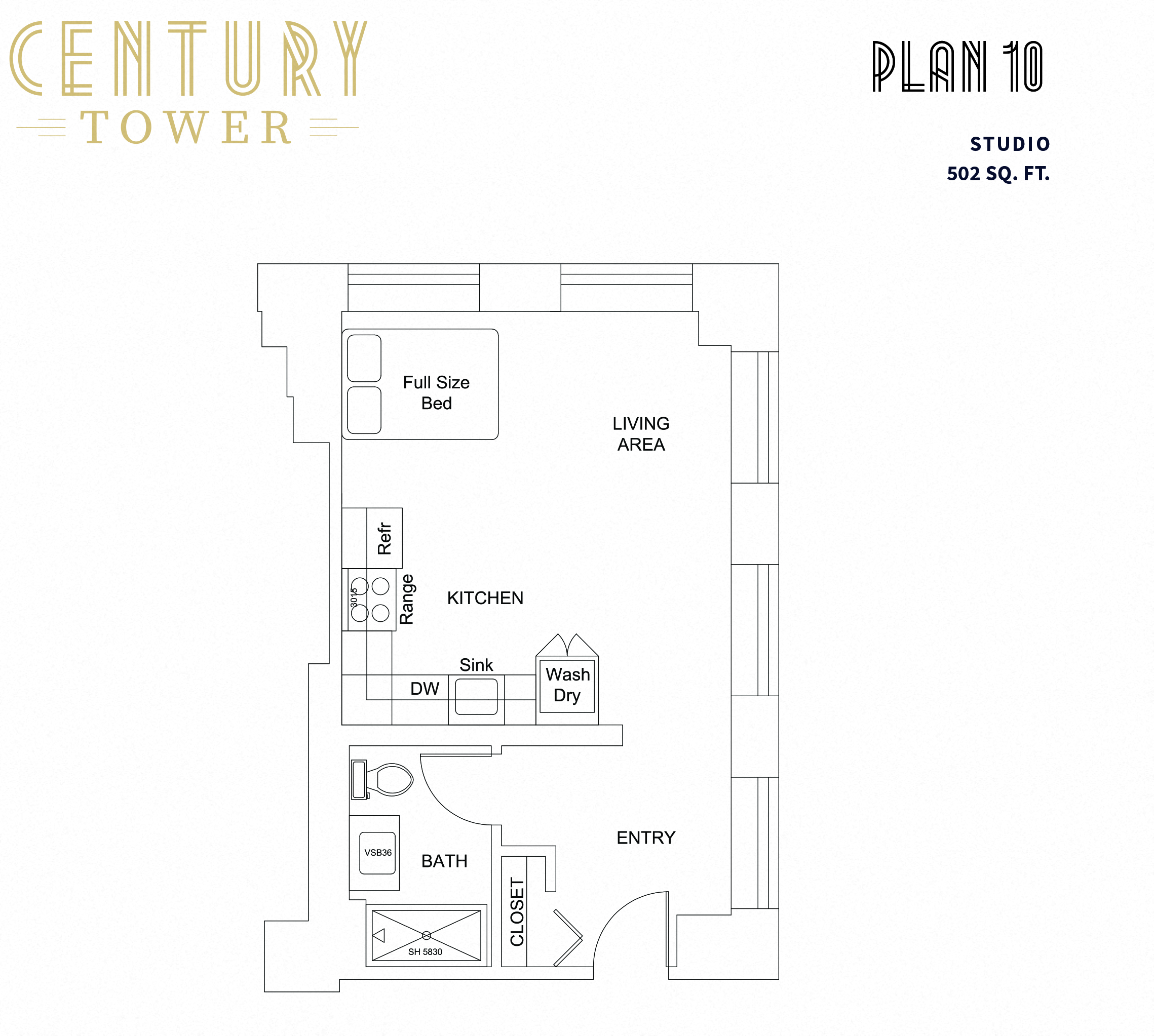 Floor plan for studio, 1 bath, 502 sqft